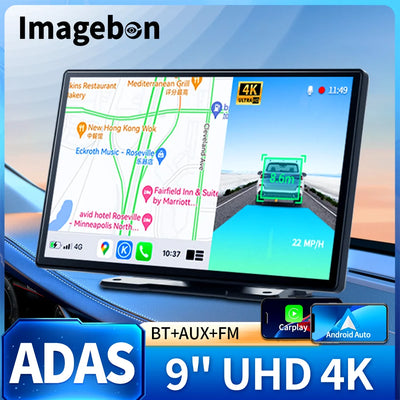 9'' Imagebon A8Pro ADAS Wireless Carplay & Android Auto Dash Cam 4K Rearview Camera 24h Park Monitor GPS Navigation Car DVR
