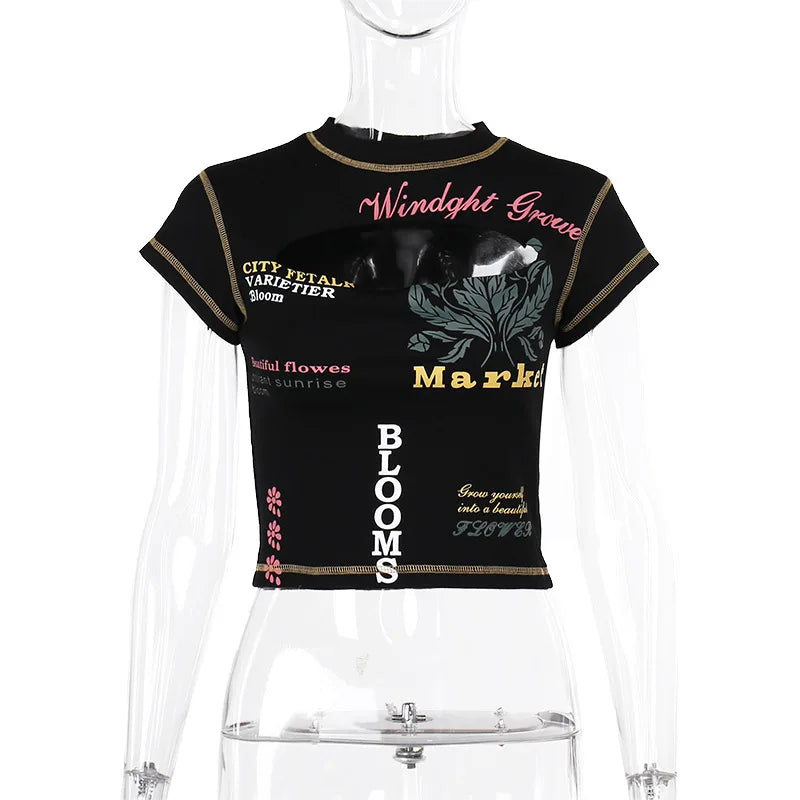 Hollow Out Crop Top Women O-Neck Aesthetic Clothes Letter Printed Y2k Accessories Short Sleeve Roupas Femininas Estilosas Summer