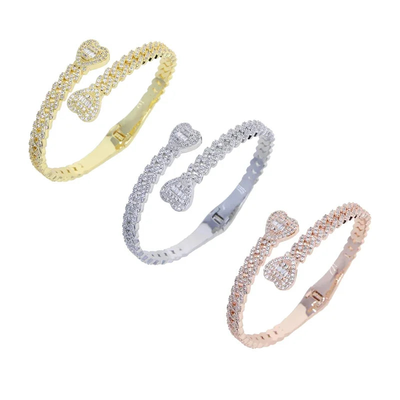 Iced Out Cuff Bangle Paved Setting Bling Cz Cubic Zirconia Wrist Cuban Chain Link Bracelets Fashion Hip Hop Jewelry for Women