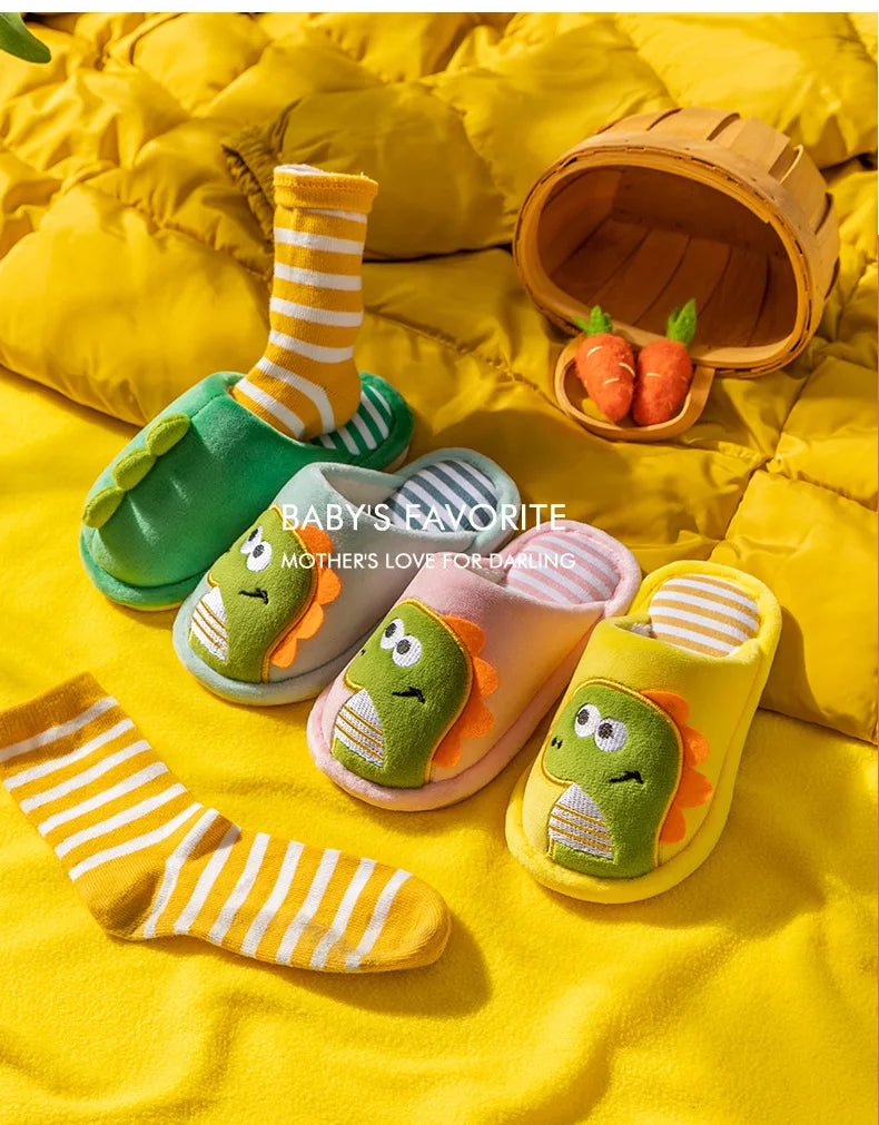 Children Cartoon Dino Fur Slipper Soft Autumn Winter Warm Princess Baby Boys Girl Indoor Home Bedroom Cotton Fleece Fur Shoes