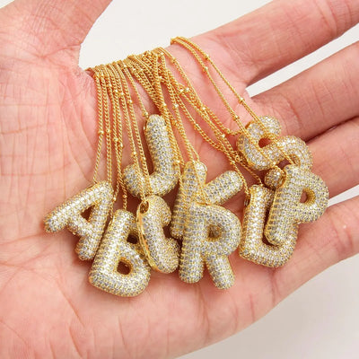 Cubic Zirconia Gold Plated  Bubble Alphabet Letter Necklace Monogram Necklace Balloon Initial Necklace Gifts for Women Girls