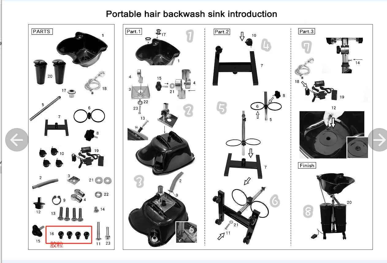 Portable Shampoo Basin with 2 Water Buckets 30cm Deep Salon Hair Washing Sink Adjustable Height Angle Mobile Shampoo Bowl Unit