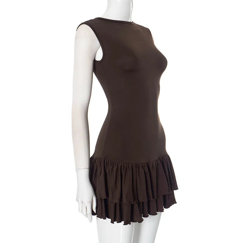 Women's Solid Pleated Short Dress Sleeveless O-neck Fashion Elegant Simple Mini Bodycon Dresses Slim Street Casual Party Holiday