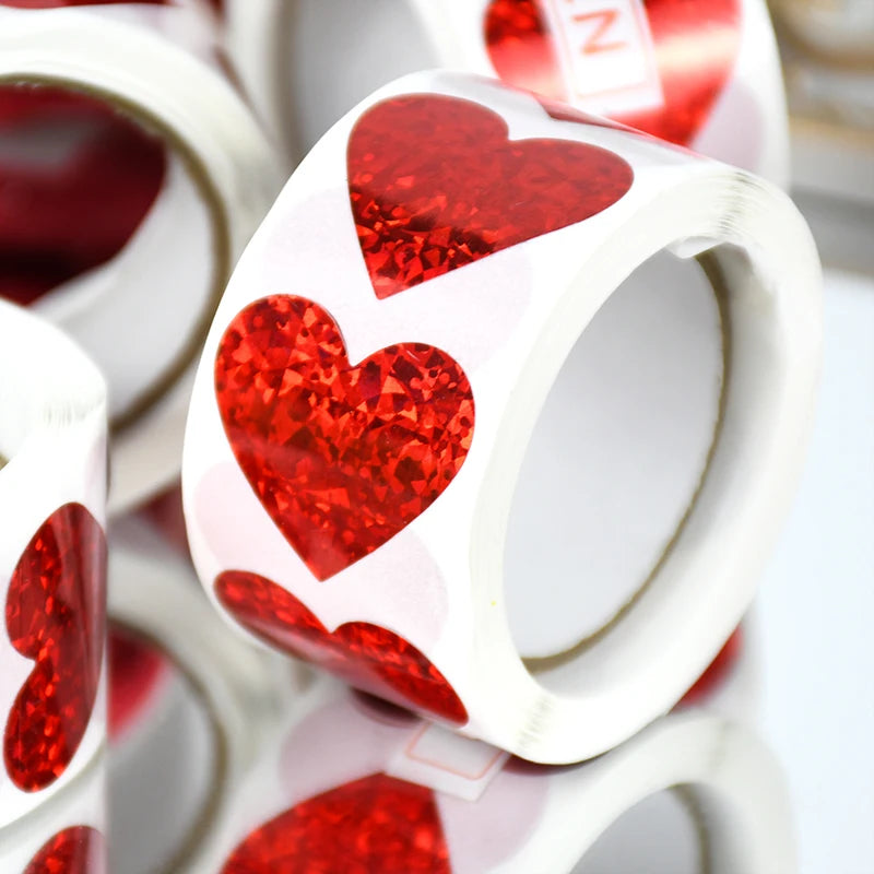 300Pcs/roll Sparkle Heart Stickers Red Love Scrapbooking Adhesive Sticker for Valentines Day Wedding Gift Box Bag Decoration 1''