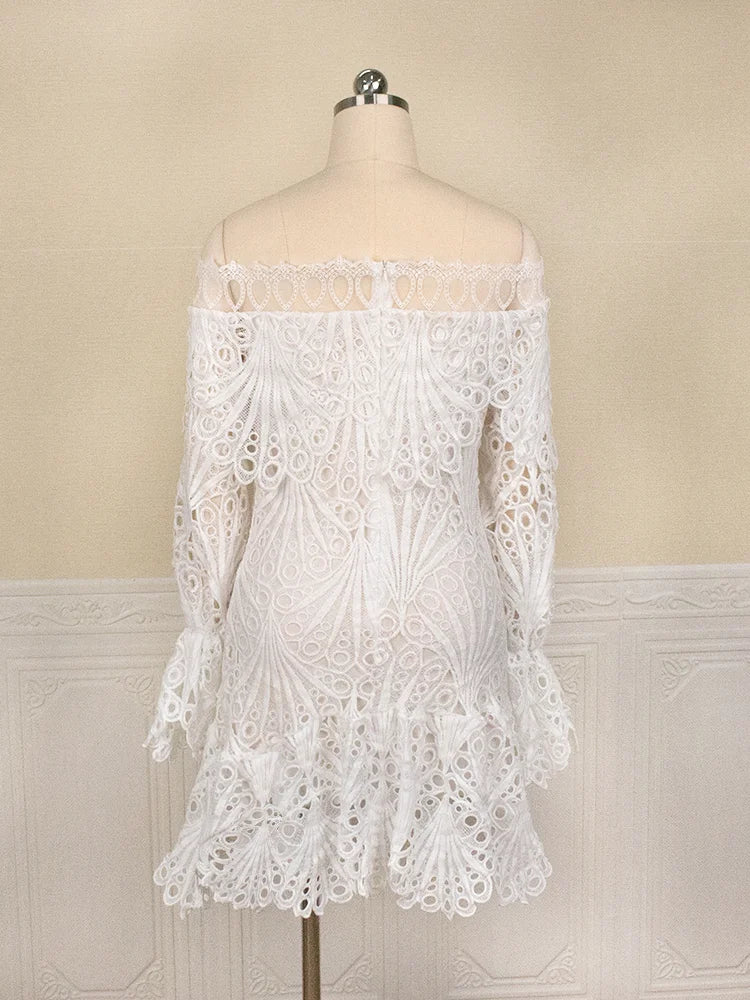 2024 Chic Women Dresses Hollow Out Bare Shoulder Long Sleeve Mini Ruffle Dress White Party Club Birthday Outfits Fall Fashion