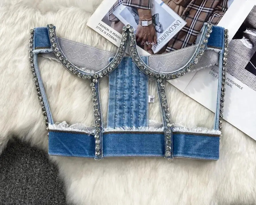 Streetwear Diamonds Denim Vest Female Bra Sleeveless Backless Sexy Summer Tank Tops For Women Camisole y2k Crop Top 2025