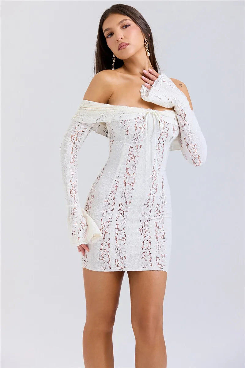 Mozision Floral Lace Off-shoulder Maxi Dress For Women White Strapless Backless Long Sleeve Bodycon Club Party Sexy Long Dress
