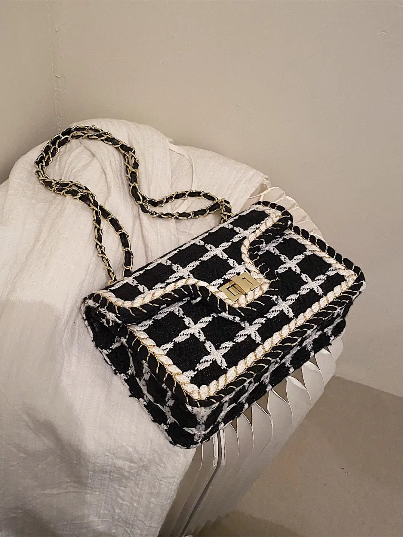 Black & White Plaid Casual Shoulder Bag Crossbody Handbag Women's Shoulder Bags Handbags With Top Handle Fashion Square Bag