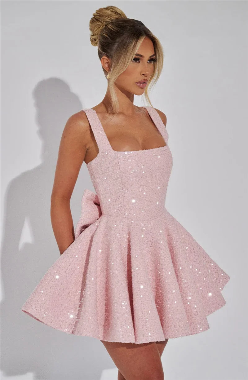 Mozision Sequins Bow Backless Sexy Mini Dress For Women Robe Fashion Square Collar Sleeveless High Waist A-line Club Dress