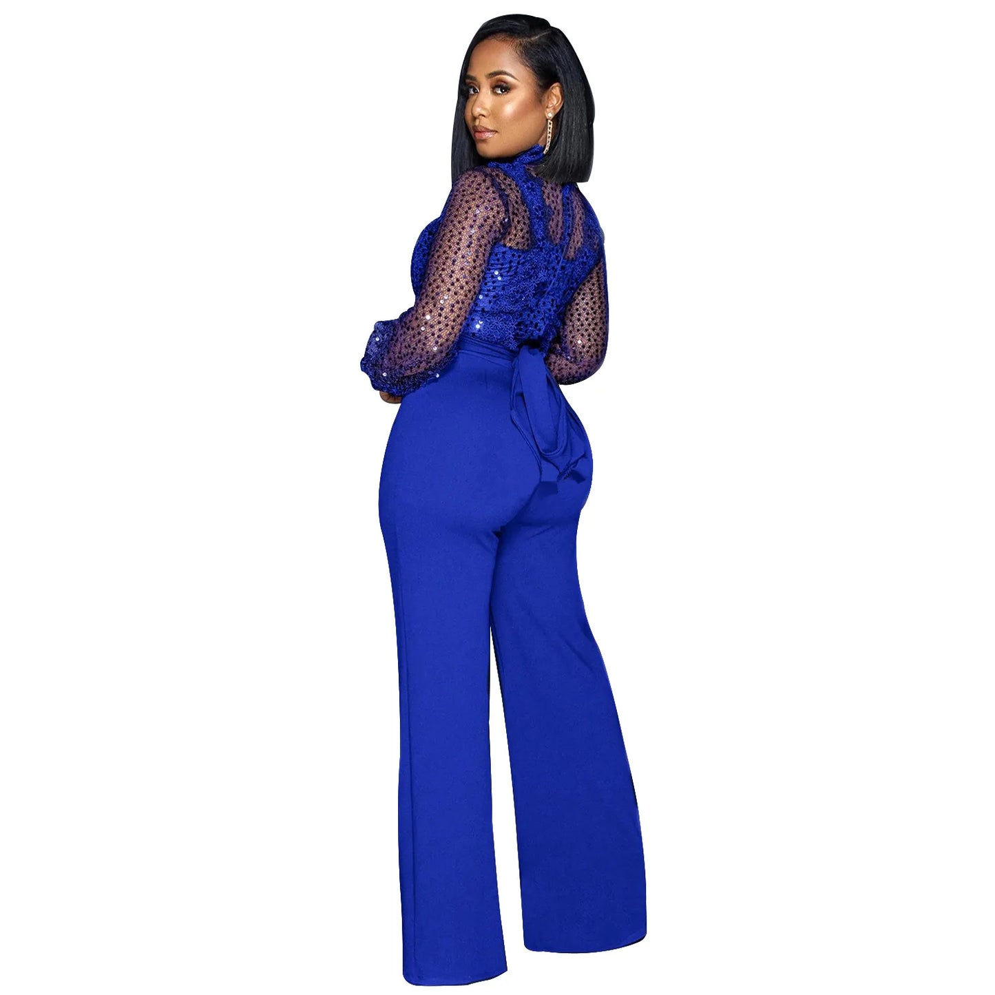 Fashion Women's Clothing Hollow Long-sleeved Loose Wide Leg Jumpsuits Overall Pants Solid Color Sexy Lace