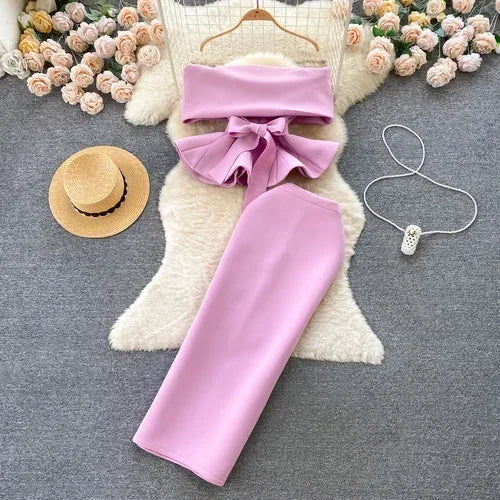 Women Vintage Two Pieces Skirt Sets Women Long Sleeve Sexy Slash Neck Bandage Ruffle Blouse Top and High Waist  Hip Wrap Skirt
