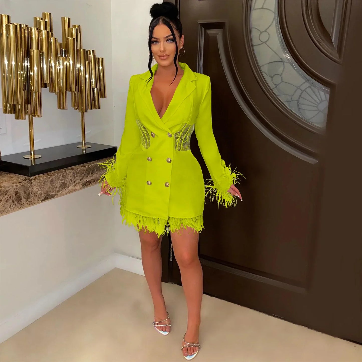 FANAN Elegant Women Double Breasted Tassel Hem and Long Sleeve Notched Collar Lace Waist Patchwork Blazer Dress Vestidos 2022