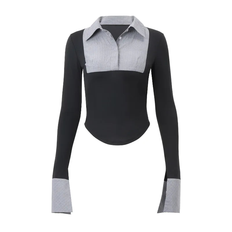 HLJ&GG Fashion Stripe Patchwork Two Piece Sets For Women Preppy Style Polo-neck Button Slim Shirts + Pleated Mini Skirts Outfits