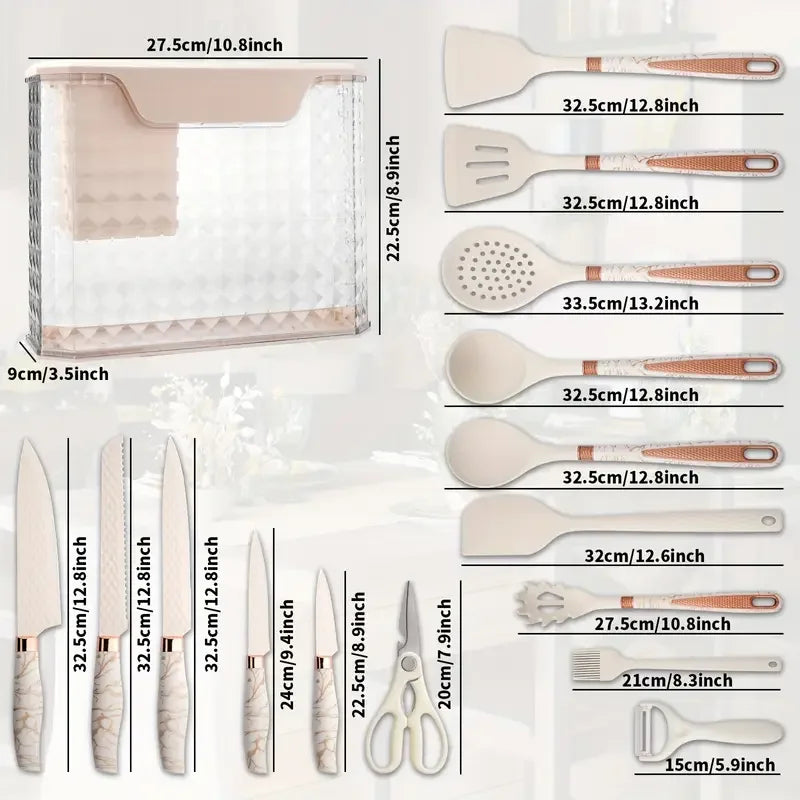 16PCS/Stainless Steel Kitchen Knife Silicone kitchenware set Spatula spoon bread knife scissors peeler cut meat knife Tool rest