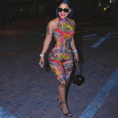 Floral Print Summer Skinny Capris Pants Jumpsuits Women Sexy Sleeveless Lace Up Halter Backless Ruched Peach Hips Slim Rompers