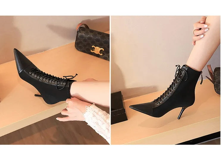 BIGTREE Shoes Cross Straps Sexy Women Boots Pointed Toe Stiletto High-heel Boots 2025 New Women's Ankle Boots Plus Size 42 43