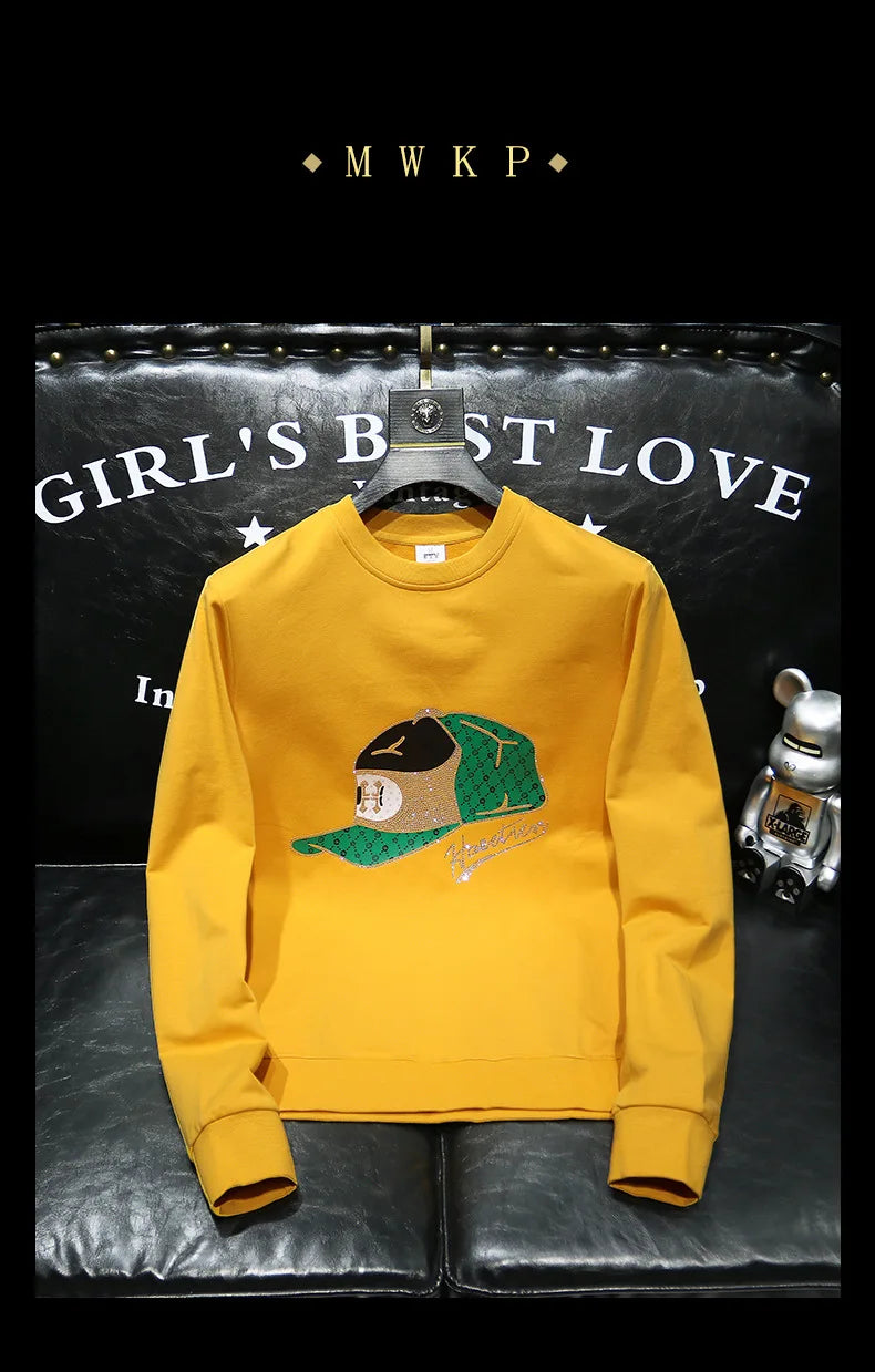 Round Collar Men's Pullover New Male Hoodies Personalized Hat Hot Diamond Print Fashionable Top Youth Bottoming Shirt Clothing