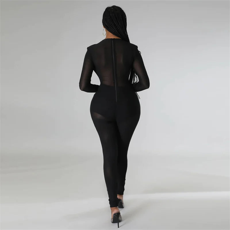 Sexy Mesh Patchwork Sheer Night Club Bodycon Jumpsuit for Women See Through One Piece Rompers Clubwear Party Birthday Outfits