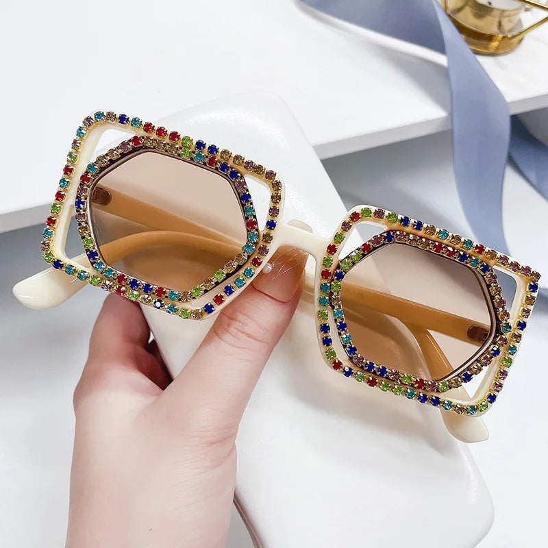 Square Luxury Diamonds Sunglasses Women Punk Fashion Rhinestone Sun Glasses Female Shiny Sexy Yellow Lens Eyewear Shade Handmade