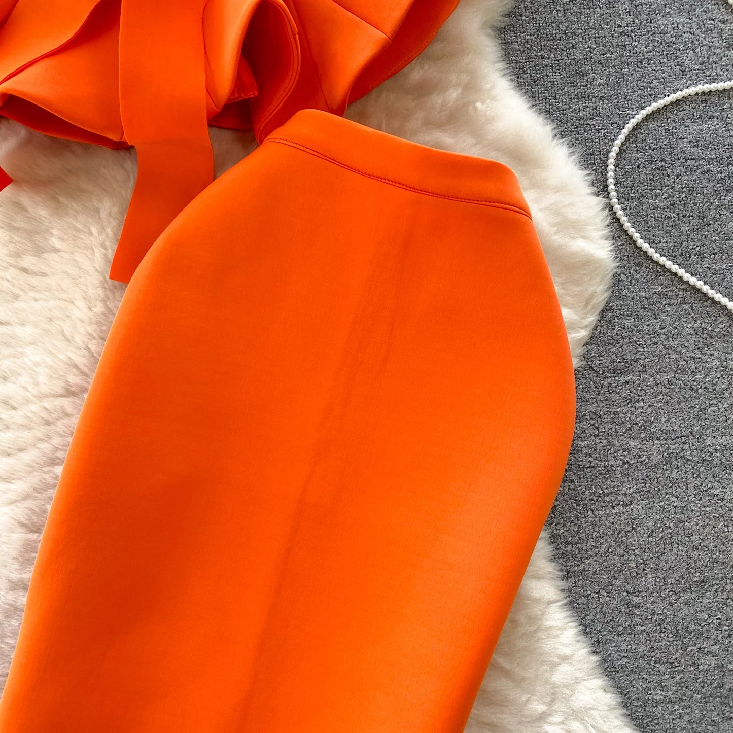 Women Vintage Two Pieces Skirt Sets Women Long Sleeve Sexy Slash Neck Bandage Ruffle Blouse Top and High Waist  Hip Wrap Skirt