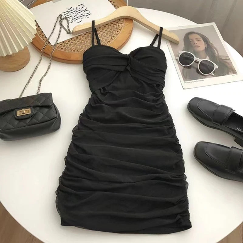 Dresses Women Sexy Club Shirring Design Summer Leisure Lady Mini  Straps Dress