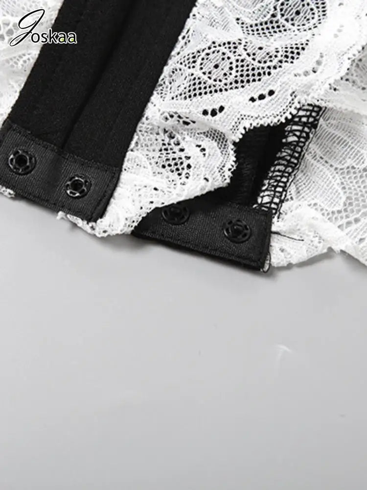 Joskaa Women Lace Patchwork Black Blazer Bodysuits Sexy Deep V-Neck Long Sleeve One Piece Rompers Coquette Midnight Clubwear