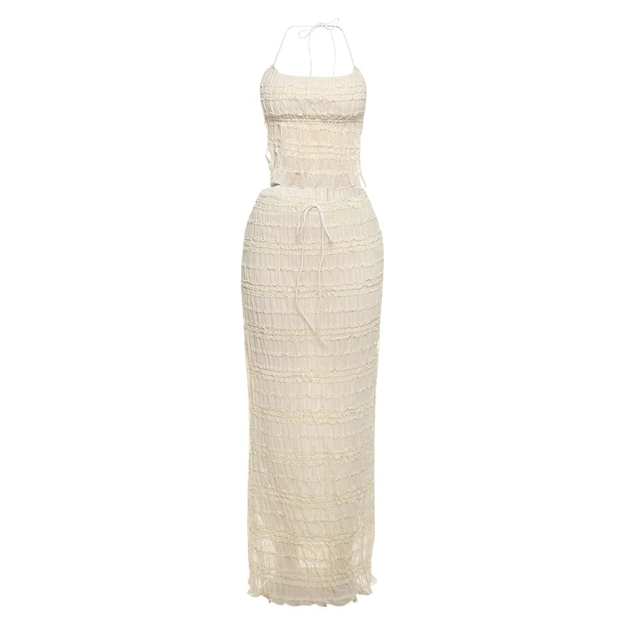 Weird Puss Mesh Backless 2 Piece Set Women Halter Lace-Up See Through Crop Tops+Loose Elegant Long Skirts Vacation Trend Outfits