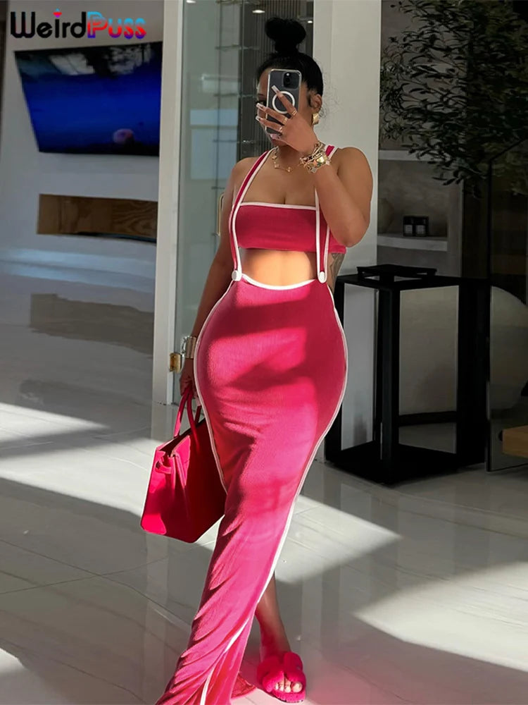 Weird Puss Summer Trend 2 Piece Set Women White Edging Strapless Tops+Shoulder Straps Dress Stretch Matching Streetwear Outfits