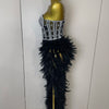 Stock 2025 Women Sexy Sparkly Rhinestone Mesh Feather Long Dress Elegant Evening Party Celebrate Birthday Performance Costume