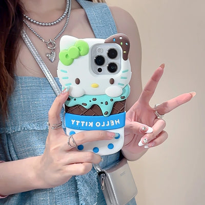 Cute 3D Ice Cream Sanrios Hello Kitty Phone Case for IPhone 15 14 13 12 11 Pro Max Drop-resistant Soft Silicone Back Cover Gift