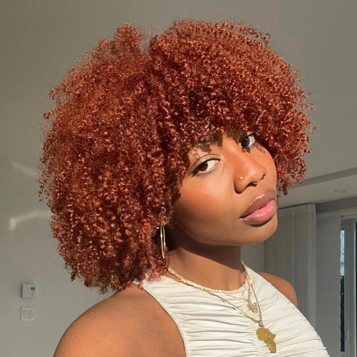 Orange Ginger Short Kinky Curly Wig with Bang Afro Curly Wig Human Hair No Lace Wigs With Bangs Honey Blonde Wig for Women