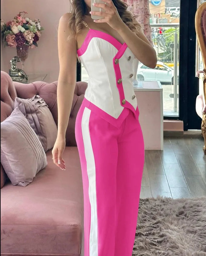 Spring Summer Sleeveless Suit Fashion Print Two Piece Sets Women Sexy V-neck Button Metal Sling Top & Wide Leg Pants Outfits