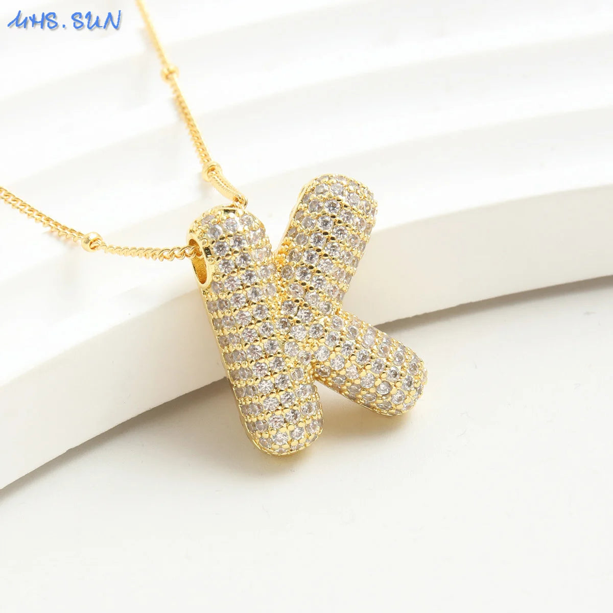 SUNSLL Cubic Zircon A-Z 26 Bubble Letter Necklace 2 Sizes Gold Plated M Chunky Balloon Initials Pendant Women Chain Jewelry 2024
