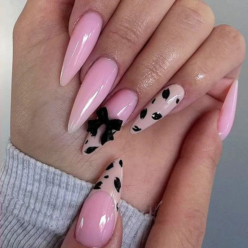 24pcs Long Ballet French Press on Nails with Cute Pink Bow Shiny Diamond Decor False Nail Tips Wearable Sweet Korean Fake Nails