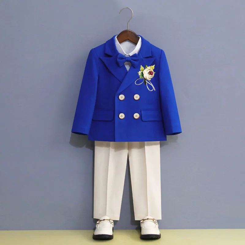 Boys Royal Blue Orange Suit For Wedding Kids Jacket Pants Bowtie Flower 4PCS Ceremony Tuxedo Dress Children Photograph Costume