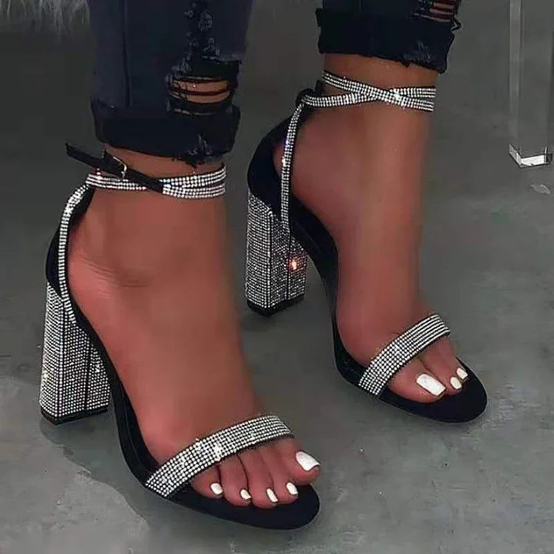 Shiny Gold Rhinestones Chunky Heels Sandals Women Sexy Cross Ankle Strap Silver High Heels Summer Party Dress Shoes Ladies Pumps
