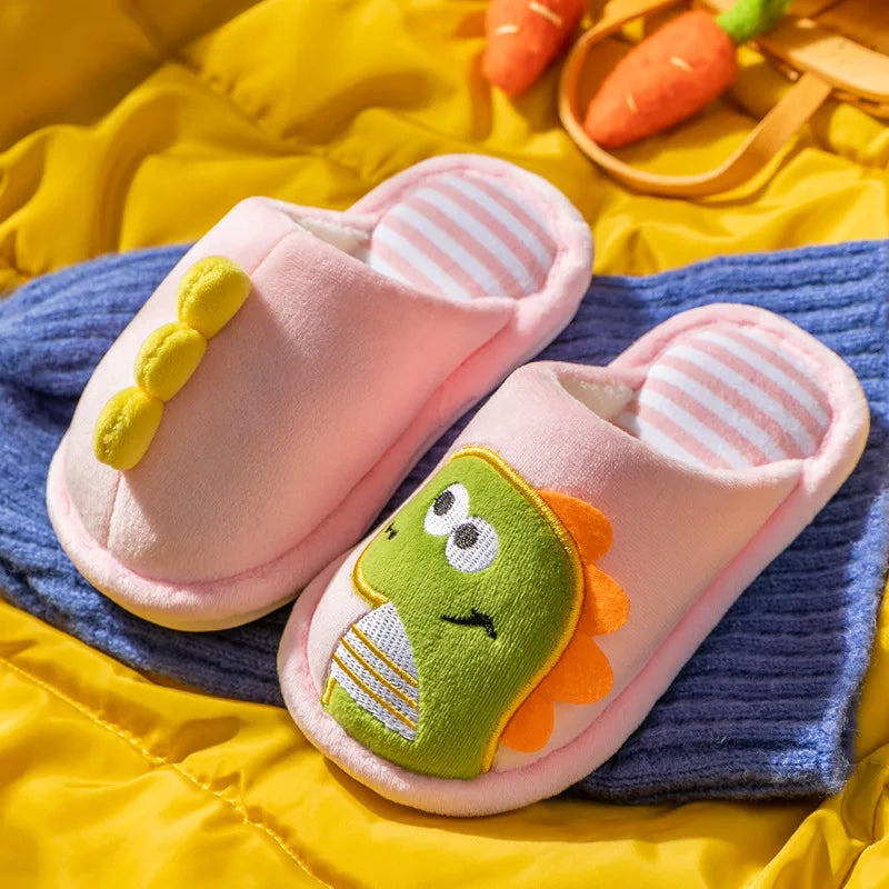 Children Cartoon Dino Fur Slipper Soft Autumn Winter Warm Princess Baby Boys Girl Indoor Home Bedroom Cotton Fleece Fur Shoes