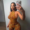 Floral Print Summer Skinny Capris Pants Jumpsuits Women Sexy Sleeveless Lace Up Halter Backless Ruched Peach Hips Slim Rompers
