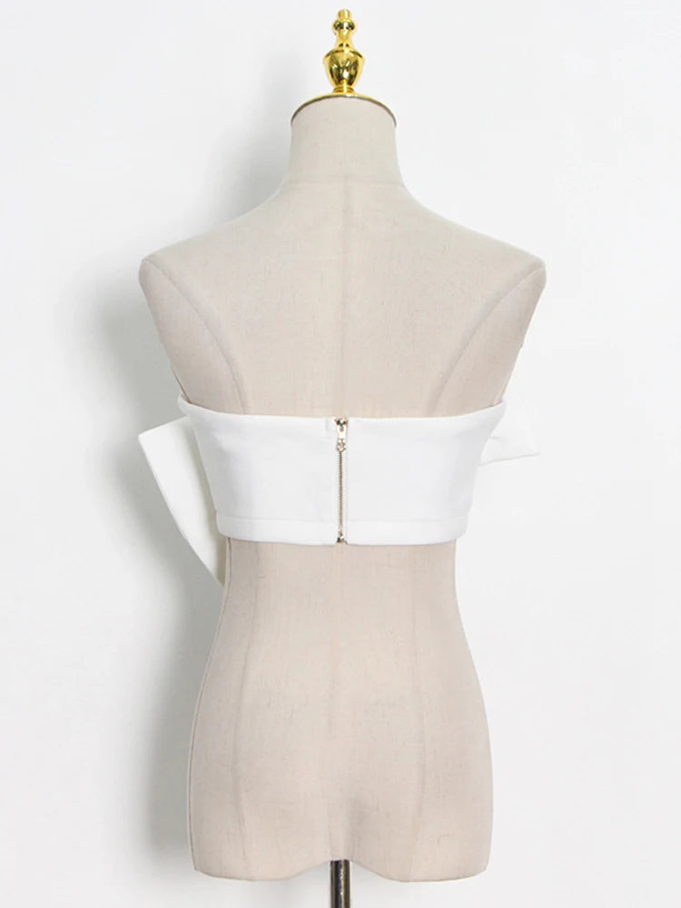 VGH Strapless Slim Solid Sets For Women Sleeveless High Waist Patchwork Bow Top Irregular Sexy Mini Two Piece Set Female Clothes
