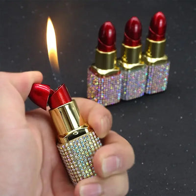 Luxury Diamond Lipstick Inflatable Lighter Mini Butane Pink Water Diamond Portable Lighter High End Women's Smoking Gift