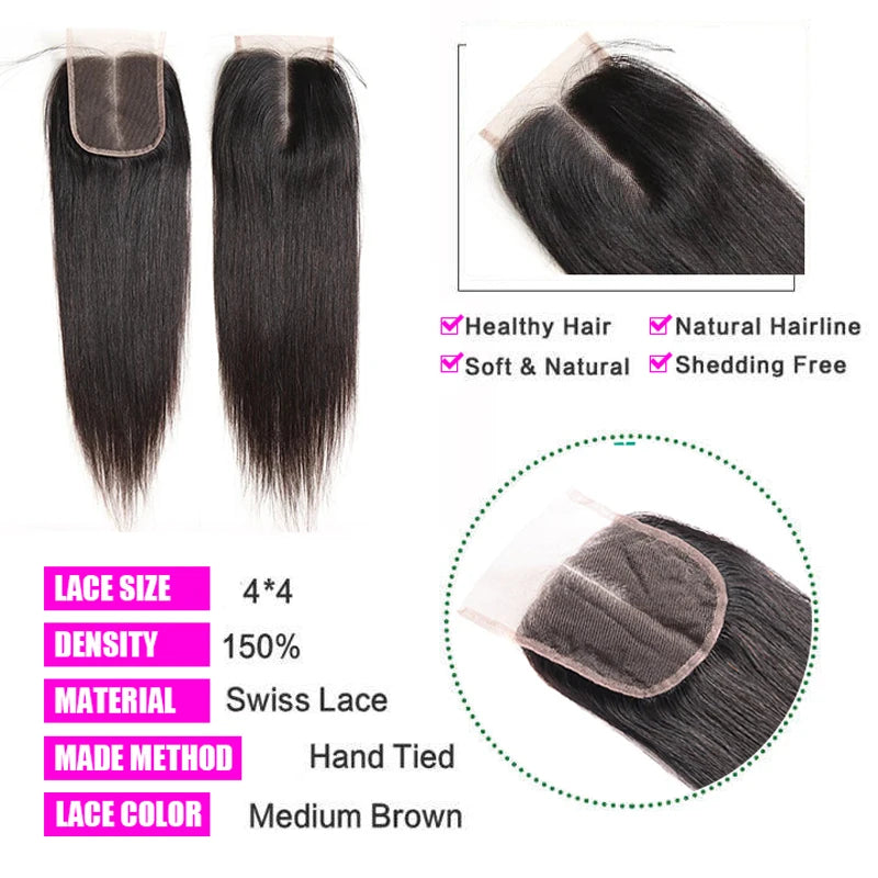 Peruvian Hair 4x4 Lace Closure Pre plucked  Straight Hair 13x4 HD Transparent Lace Frontal 100% Human Hair Natural Hair Line