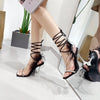 Eilyken Fashion Summer Rhinestone Feather Women Sandals Lace-up Cross-Tied Sexy Gladiator Square Toe Ladies High Heel Shoes