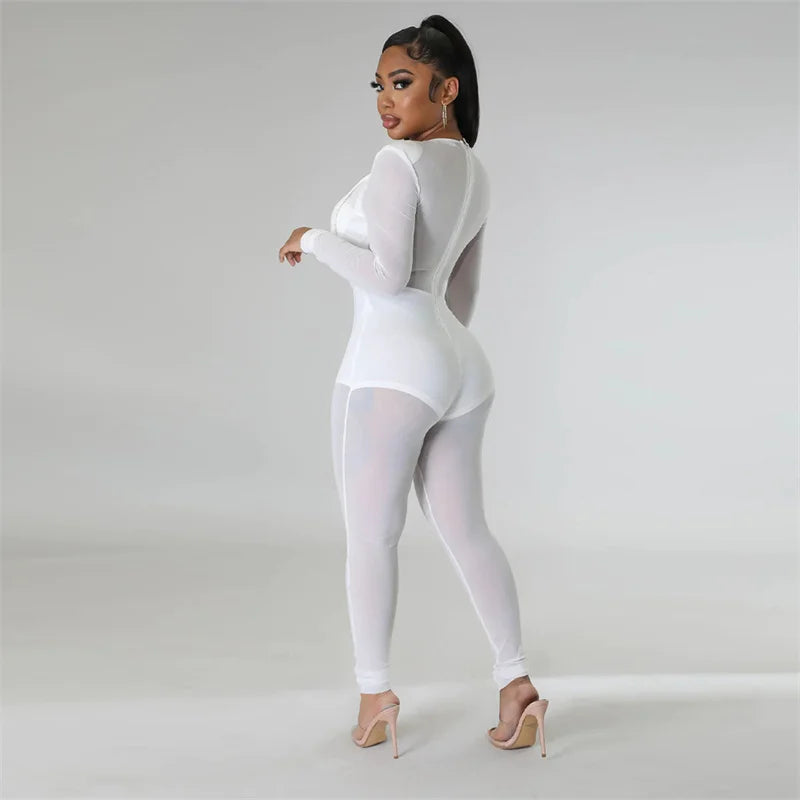 Sexy Mesh Patchwork Sheer Night Club Bodycon Jumpsuit for Women See Through One Piece Rompers Clubwear Party Birthday Outfits