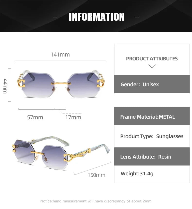 Hexagon Rimless Sunglasses Square Women Retro Men Sun Glasses Brand Designer Eyewear UV400 Shades Oculos Female Gafas