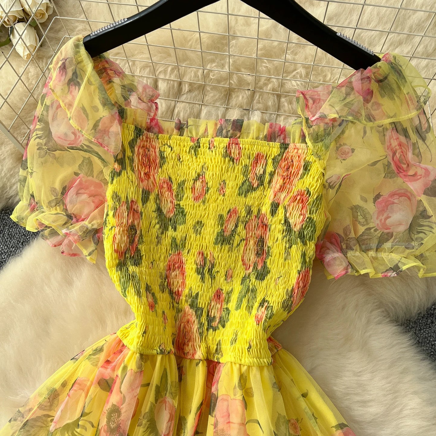 Elegant Slash Neck Vintage Short Puff Sleeve Chic Print Slim Chiffon Dresses French High Street Evening Autumn Mesh Clothing