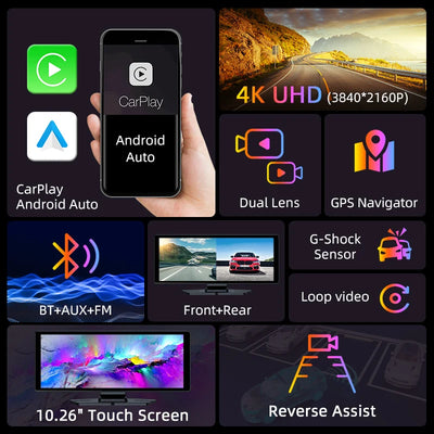 Develuck 10.26" Car DVR 350° Adjustable Carplay Android Auto Dash cam 4K Front&1080P Rear Camera Voice Control WIFI Dual lens FM