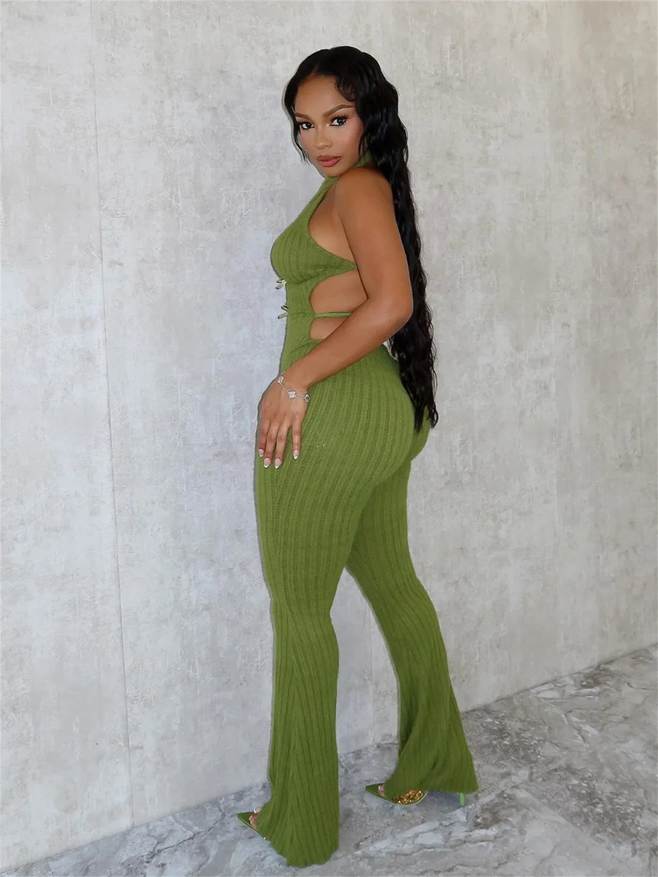 Women Knit Halter Bow Sleeveless Long Jumpsuits 2025 Summer Backless Sexy Outfits Night Club Party One Piece Rompers