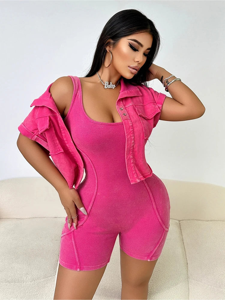 Women Clothes Sexy Female Fitness Gym Jumpsuit Shorts Acid Wash Vintage Bodycon Romper One Piece Short Sleeve Jacket 2 Piece Set