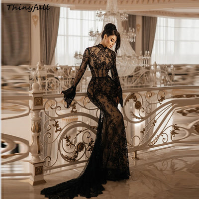Thinyfull Mermaid Lace Arab Prom Dresses O-neck Full Sleeves Evening Gown 2025 Long Special Dress Robe De Soirée Customized