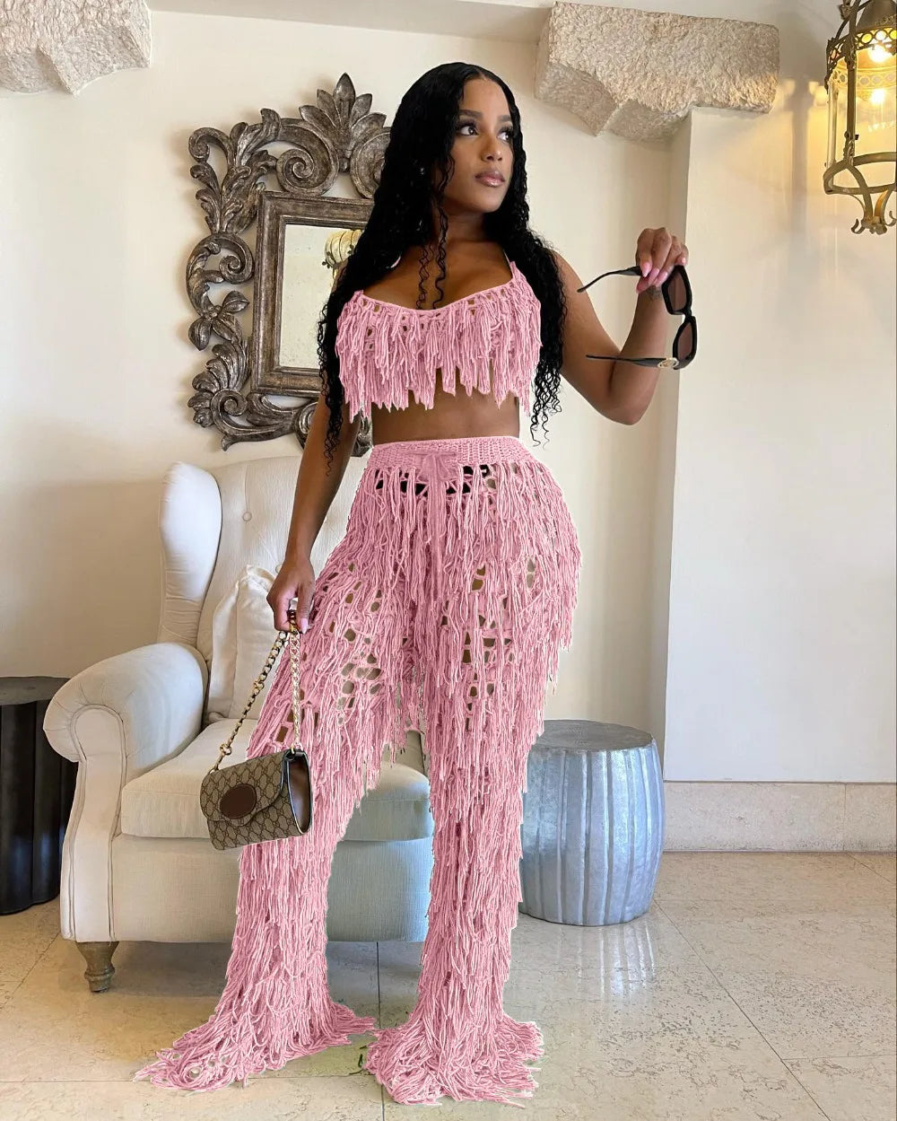 FAGADOER Sexy Hollow Out Tassels Pants Two Piece Sets Women Halter Sleeveless Backless Crop Top + Pants Outfit Female Streetwear